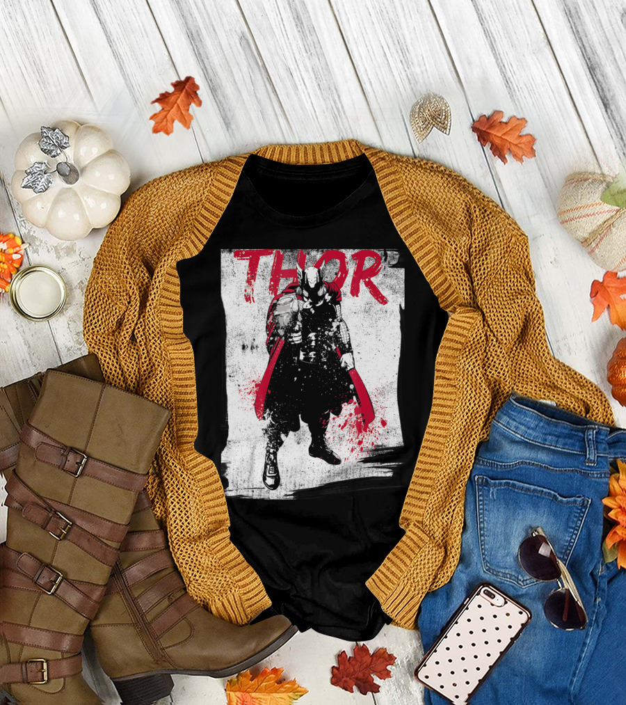 Marvel Thor Grunge Paint Splatter Red Black White T-Shirt