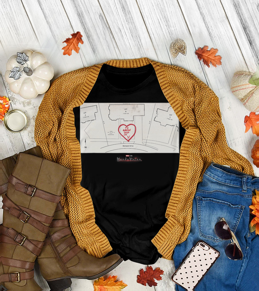 Marvel Studios Wandavision To Grow Old In V Heart Map Sherwood Drive T-Shirt