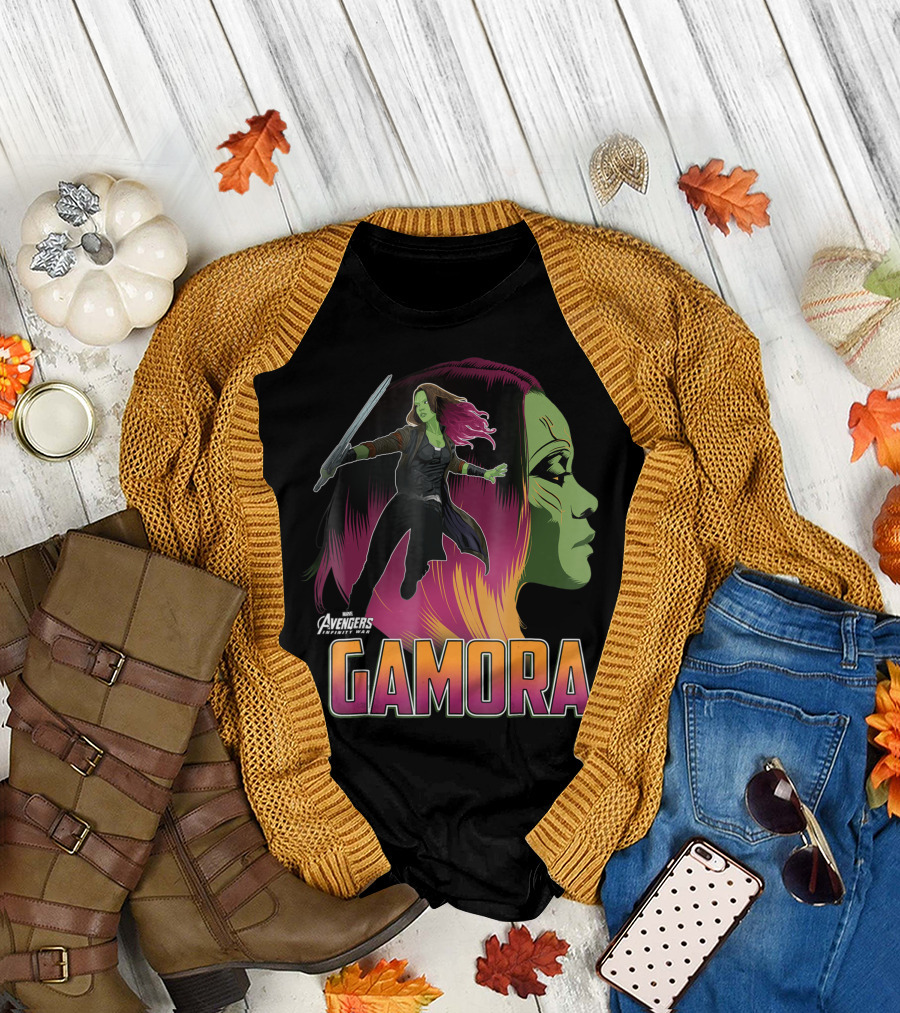 Marvel Avengers Infinity War Gamora Profile with Sword and Large Text T-Shirt