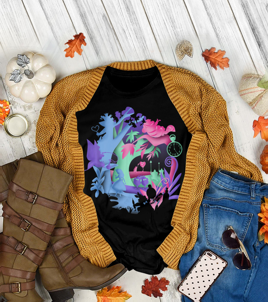 Disney Alice In Wonderland Cheshire Cat Neon Forest Clock Scene T-Shirt