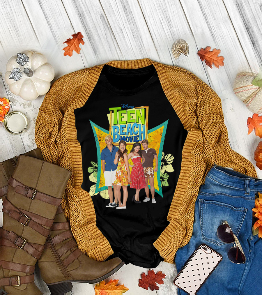 Disney Channel Teen Beach Movie Characters in Vibrant Outfits with Floral Background T-Shirt