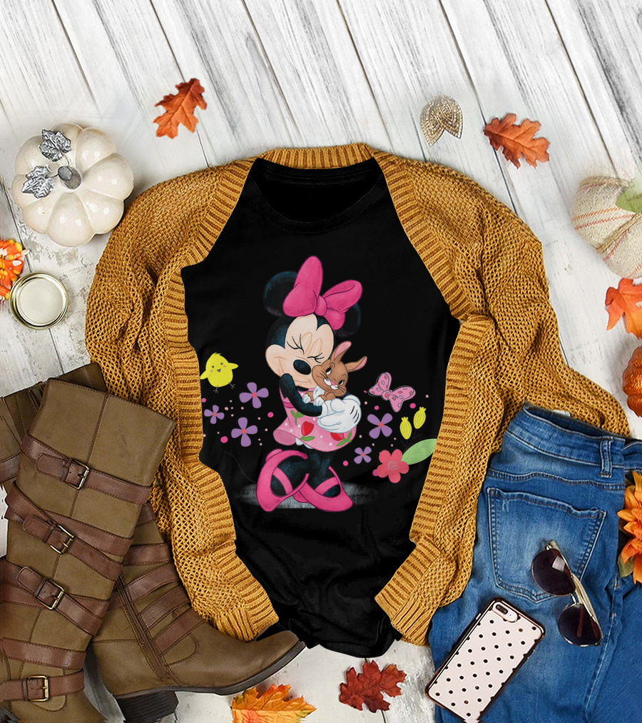 Disney Easter Minnie Mouse and Bunny Embrace with Flowers and Chick T-Shirt