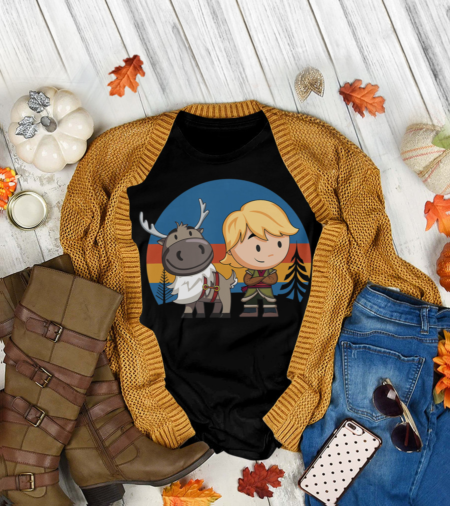 Frozen 2 Sven and Kristoff Chibi Character Duo in Colorful Retro Circle T-Shirt