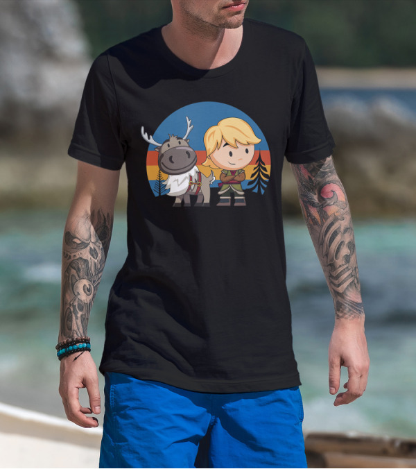 Frozen 2 Sven And Kristoff Chibi Character Duo In Colorful Retro Circle T-Shirt