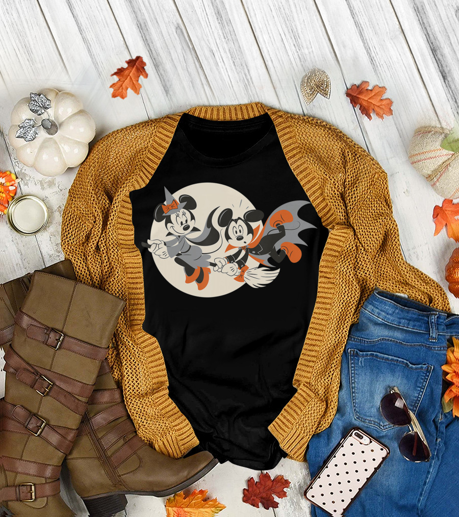 Disney Halloween Mickey and Minnie Witch and Vampire Flying on Broomstick T-Shirt