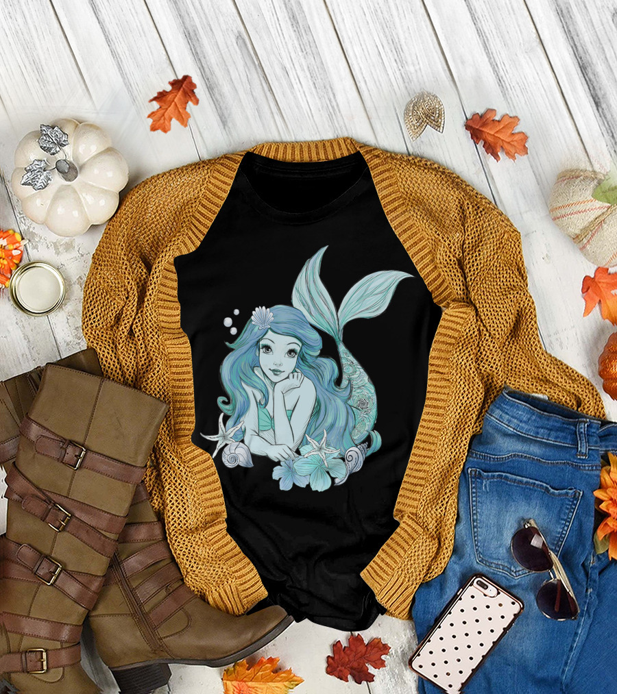 Disney Little Mermaid Ariel Teal Sketch Starfish and Seashells T-Shirt