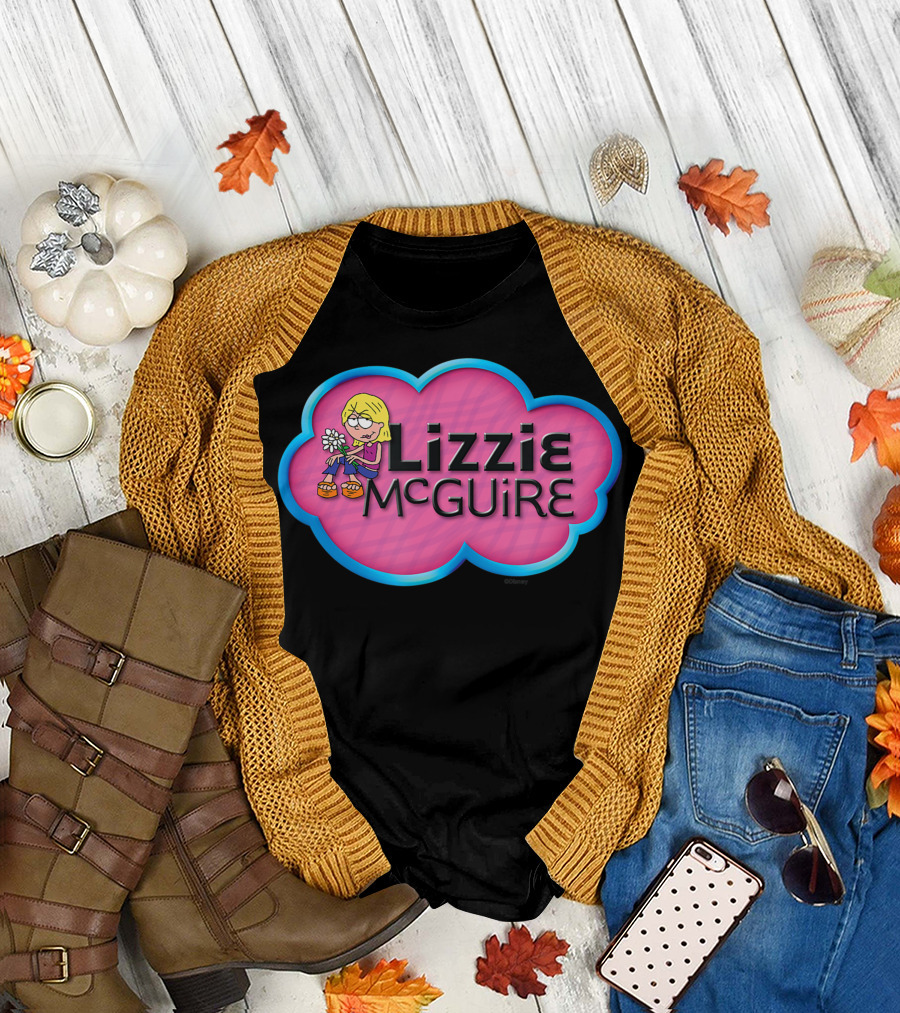 Disney Lizzie McGuire Animated Character Holding Flowers in Pink Cloud T-Shirt