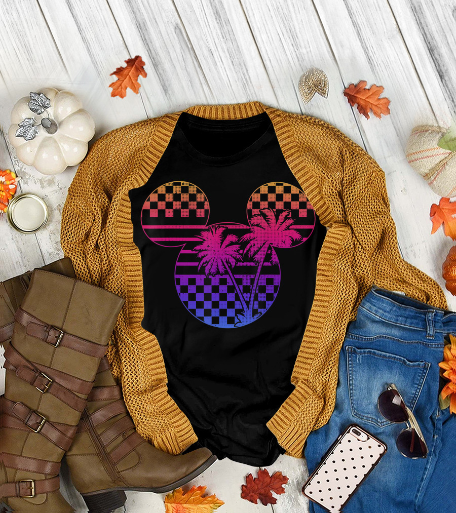 Disney Mickey and Friends Gradient Checkerboard Palm Trees T-Shirt