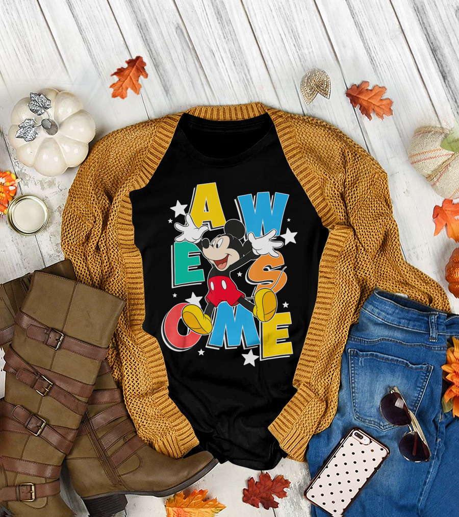 Disney Mickey Mouse Awesome Stars Colorful Letters T-Shirt