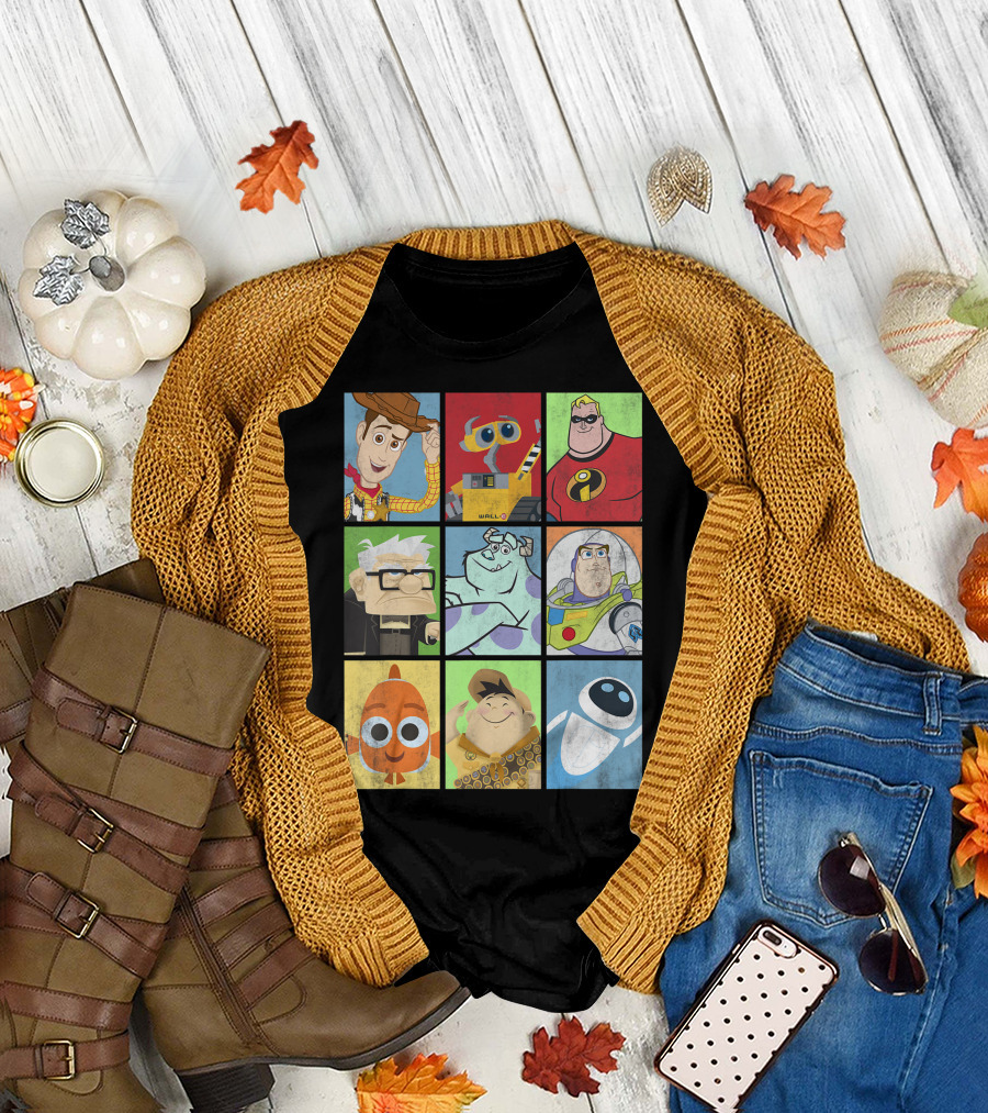 Pixar Characters Boxed Line Up Featuring Woody Wall-E Mr. Incredible Carl Sulley Buzz Nemo Russell Eve T-Shirt