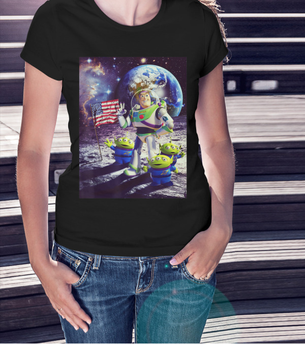 Toy Story Buzz Lightyear And Aliens With American Flag On Moon Planet Earth Background T-Shirt