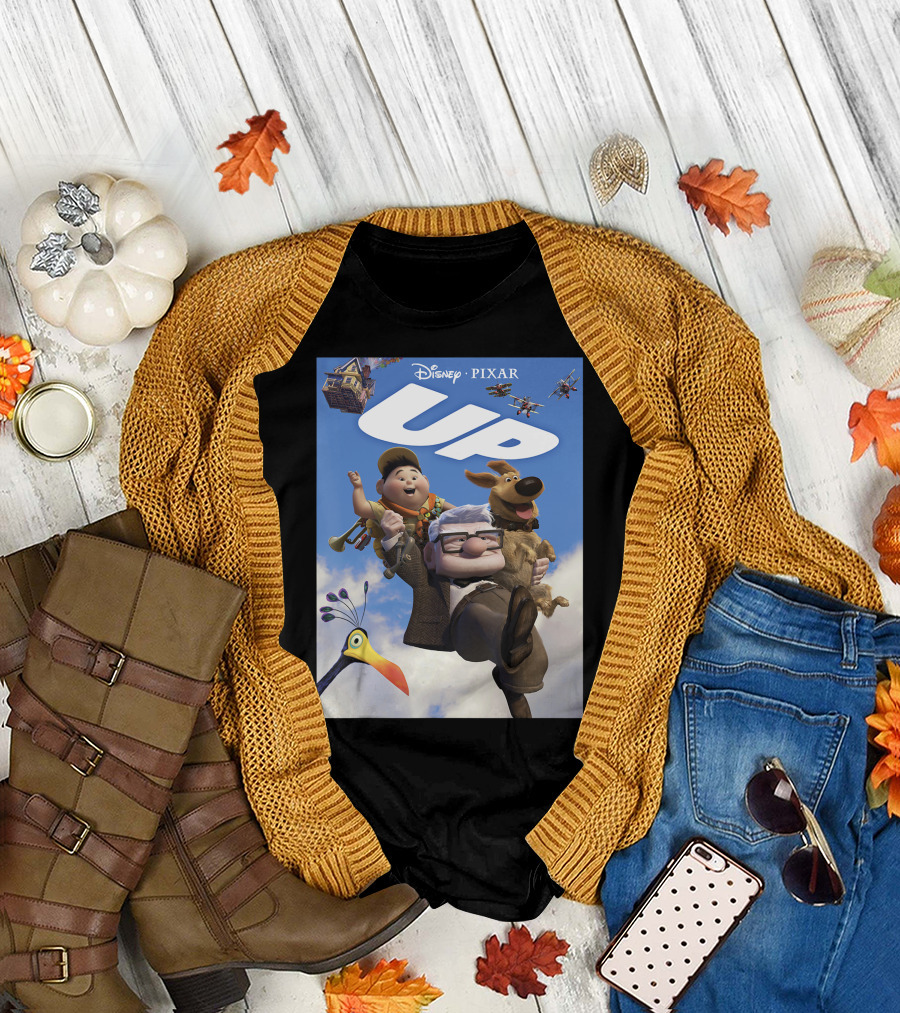 Disney Pixar Up Adventure Characters and House in Sky with Kevin Dug Airplanes T-Shirt