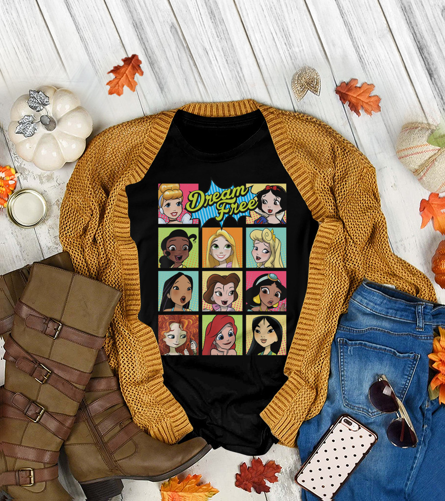 Dream Free Disney Princess Comic Style Panel Grid T-Shirt