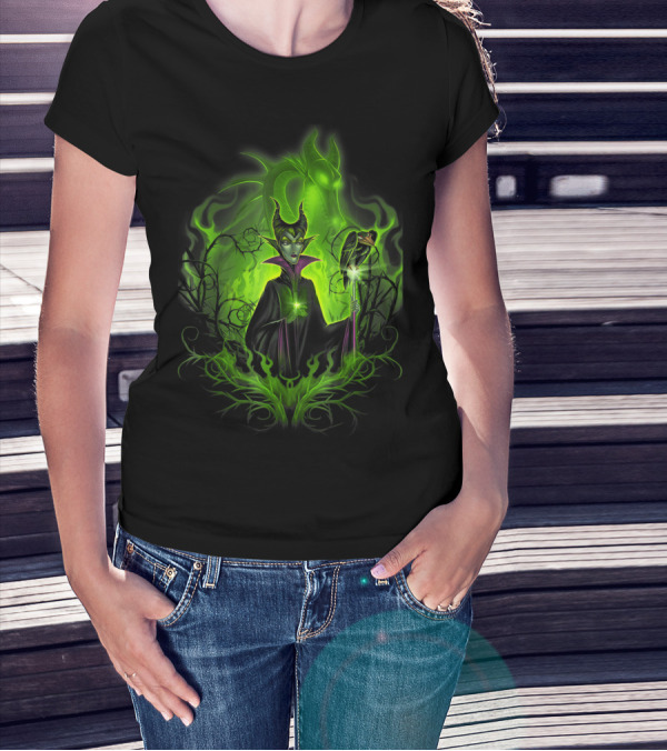 Disney Sleeping Beauty Dark Green Glowing Maleficent And Dragon T-Shirt