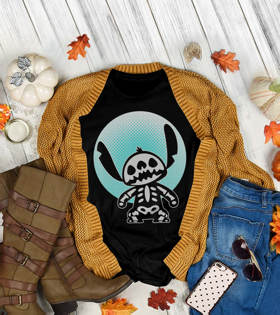 Disney Stitch Skeleton Halftone Moon Circle T-Shirt