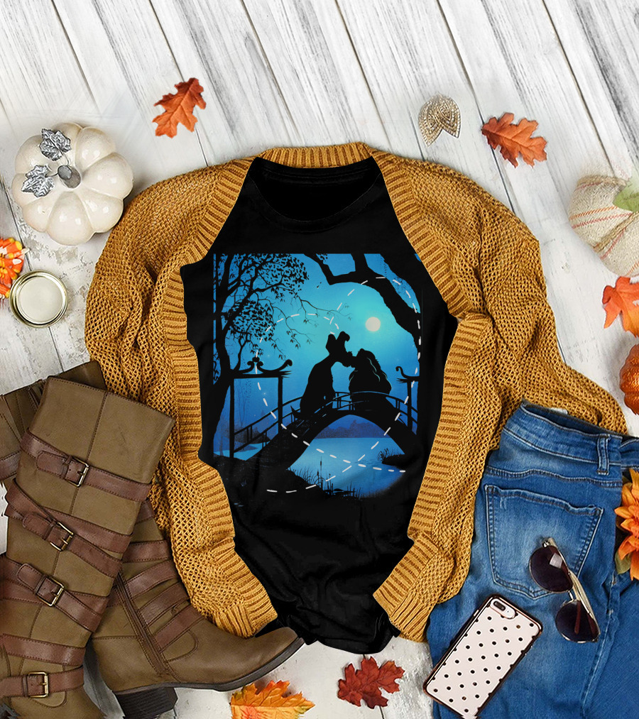 Disney The Lady and The Tramp Romantic Nighttime Bridge Scene T-Shirt