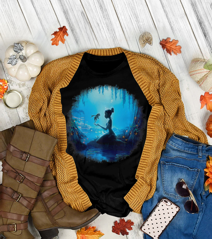 Disney The Princess And The Frog Tiana Holding Frog Naveen In Magical Swamp Scene T-Shirt