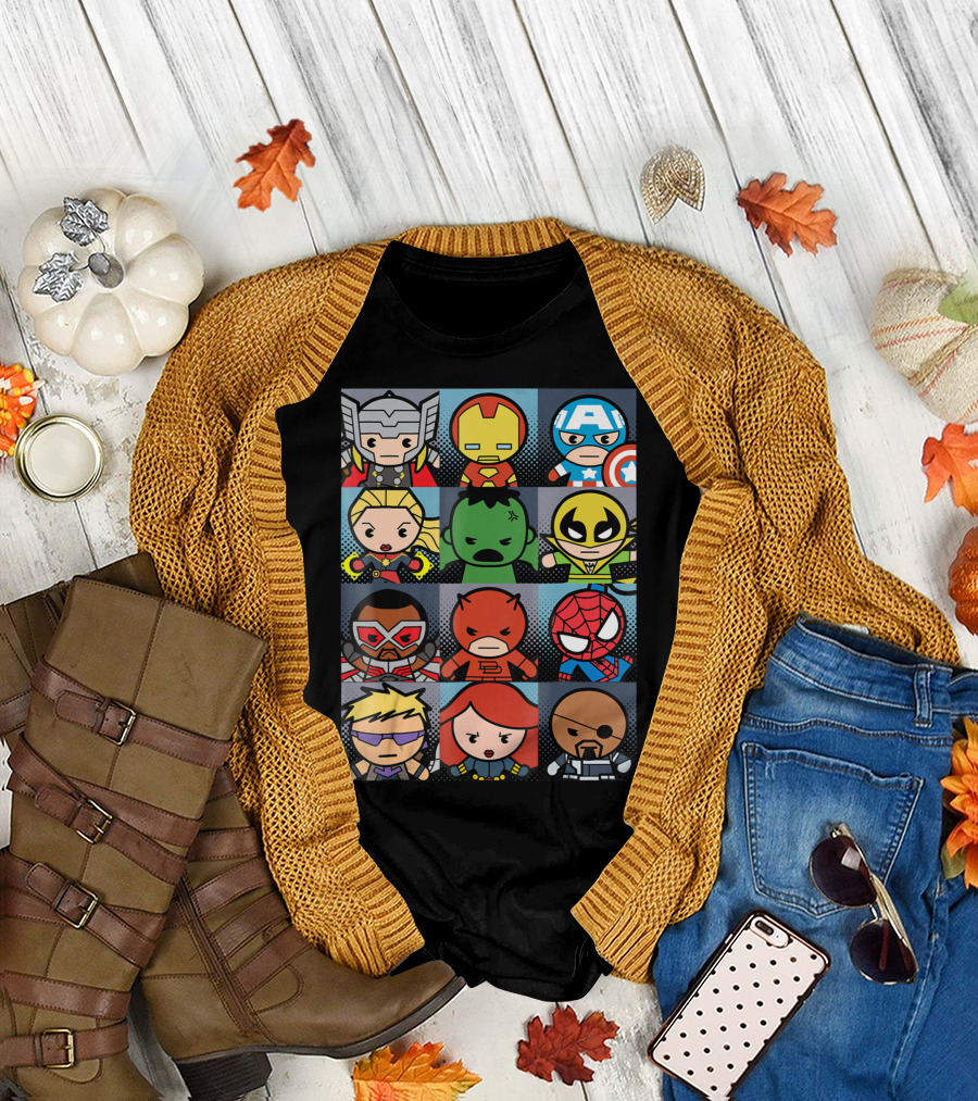 Marvel Heroes Boxed Up Kawaii Chibi Characters Grid T-Shirt