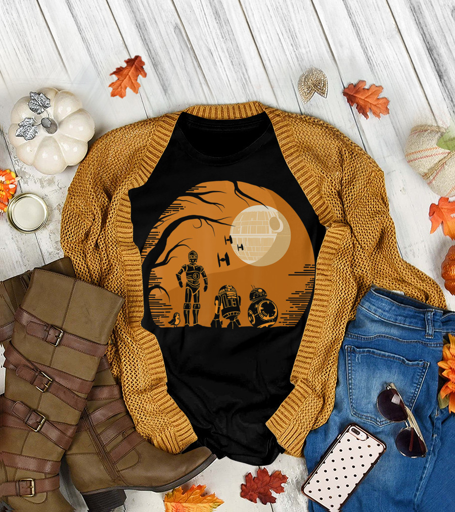 Star Wars Droids Halloween Orange Hue Death Star Moon TIE Fighters Forest Scene T-Shirt