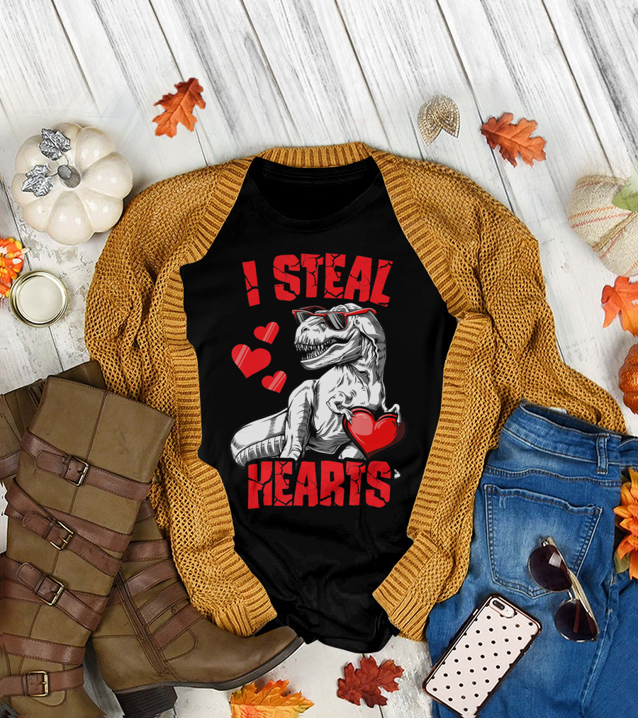 Boys Valentines Day Kids Dinosaur Rex Lover I Steal Hearts Valentine's Day T-Rex with Sunglasses and Hearts T-Shirt