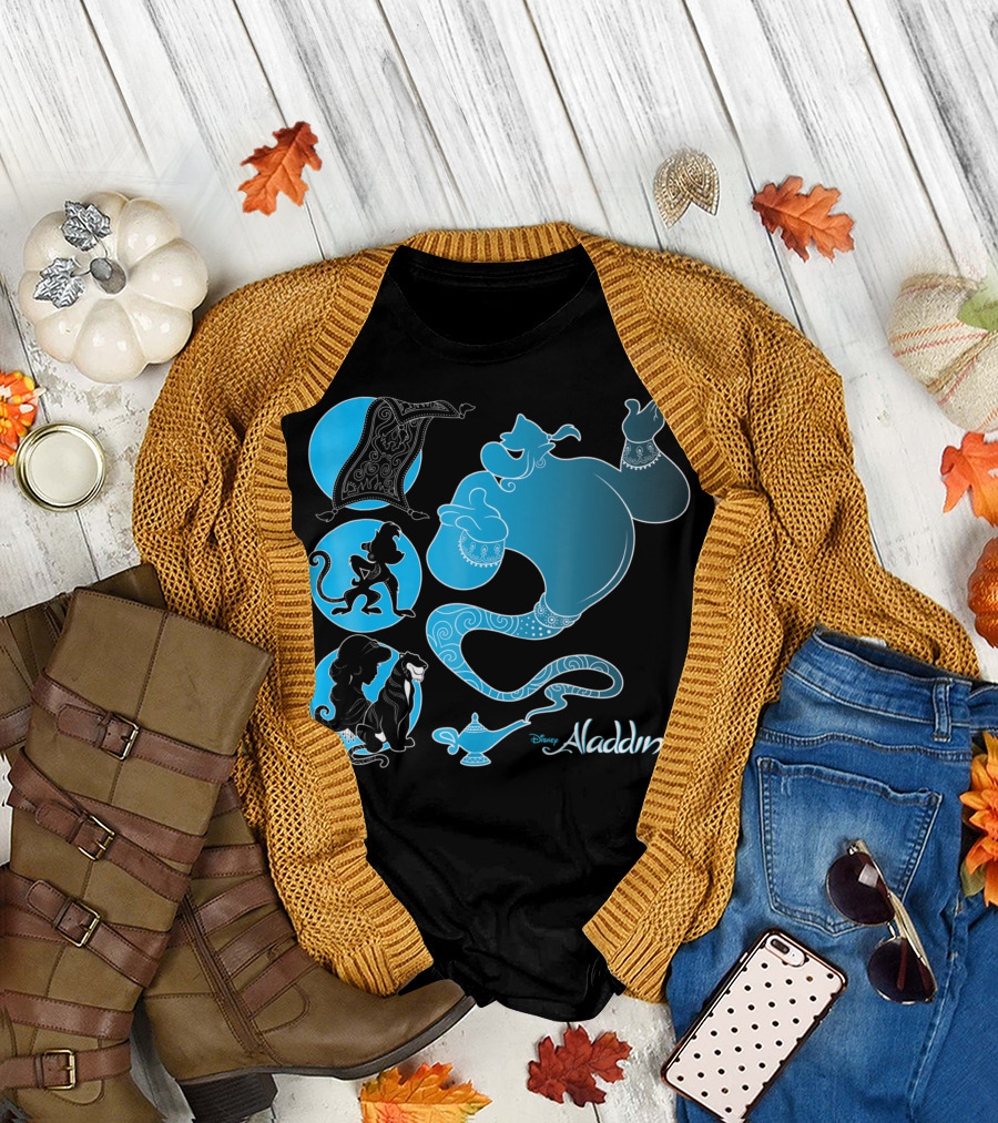 Disney Aladdin Genie Abu Carpet Jasmine Rajah Blue Lamp T-Shirt