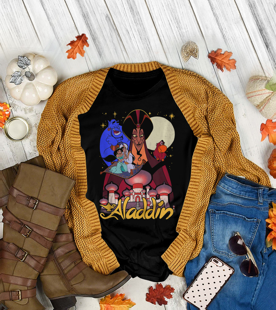 Aladdin Magic Carpet Ride Genie Jafar Parrot Moonlit Agrabah Scene T-Shirt