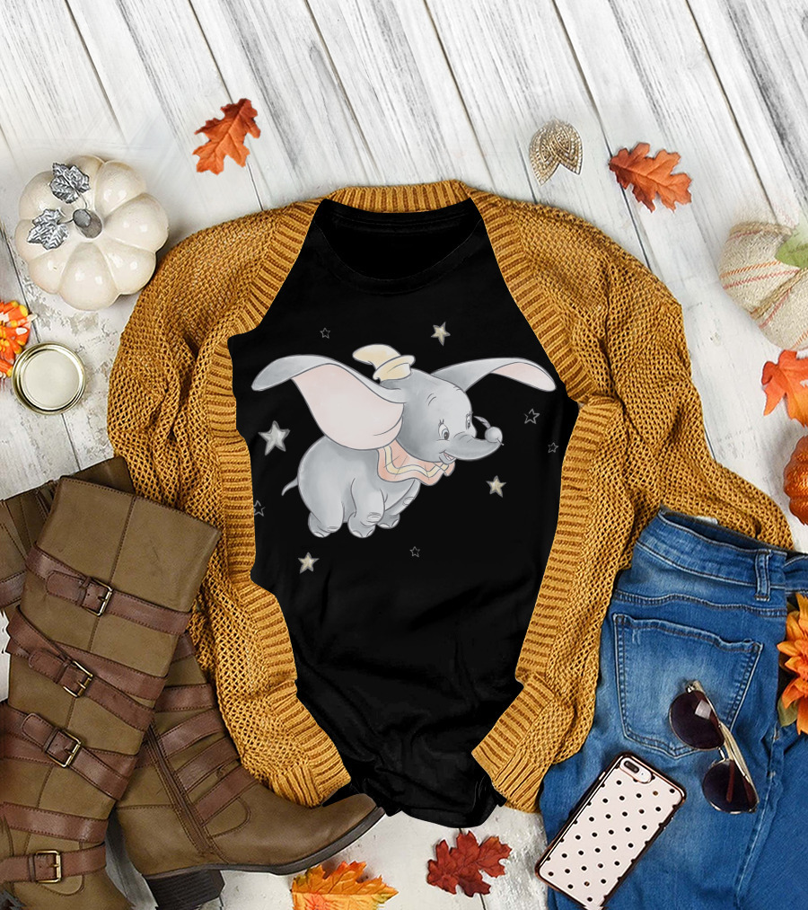 Dumbo Flying with Magic Feather in Watercolor Style with Stars T-Shirt