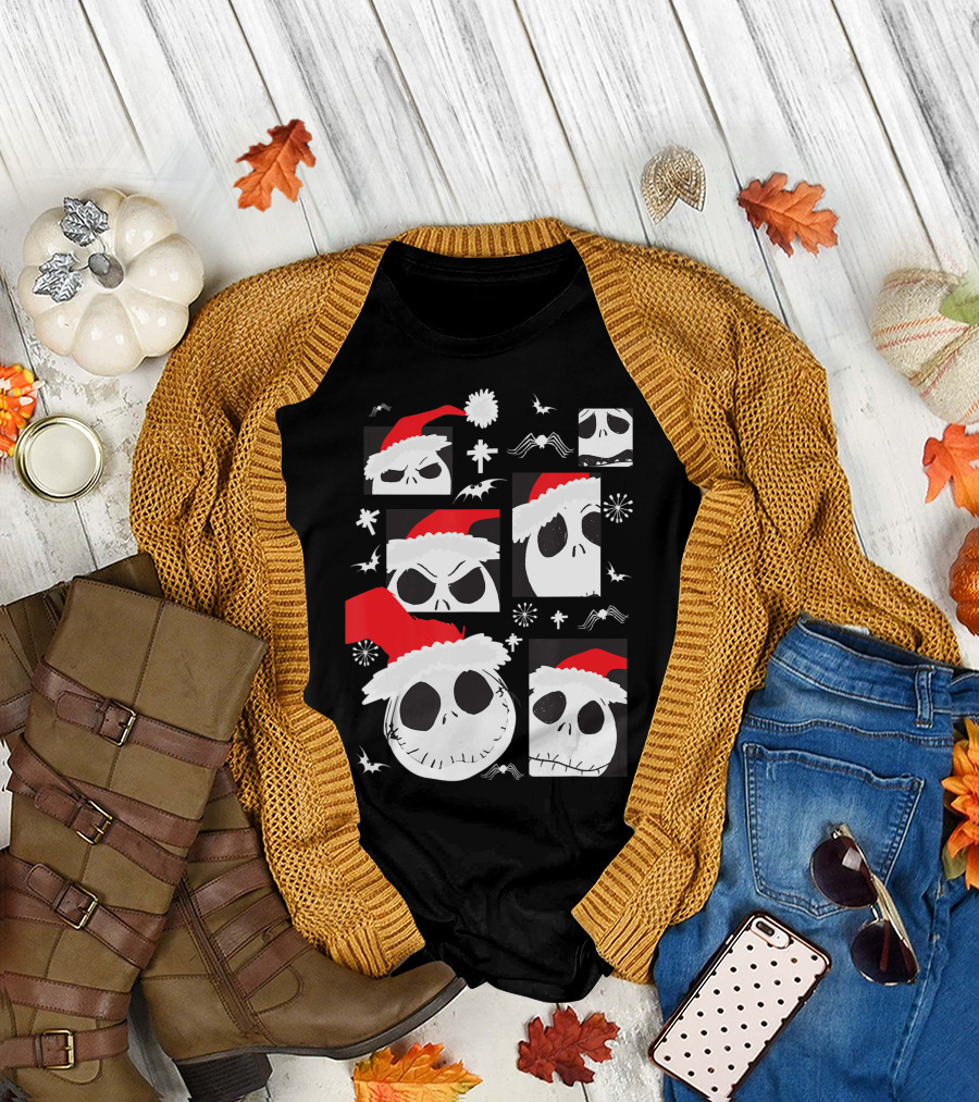 Disney Jack Skellington Santa Faces Bats Squares Snowflakes T-Shirt