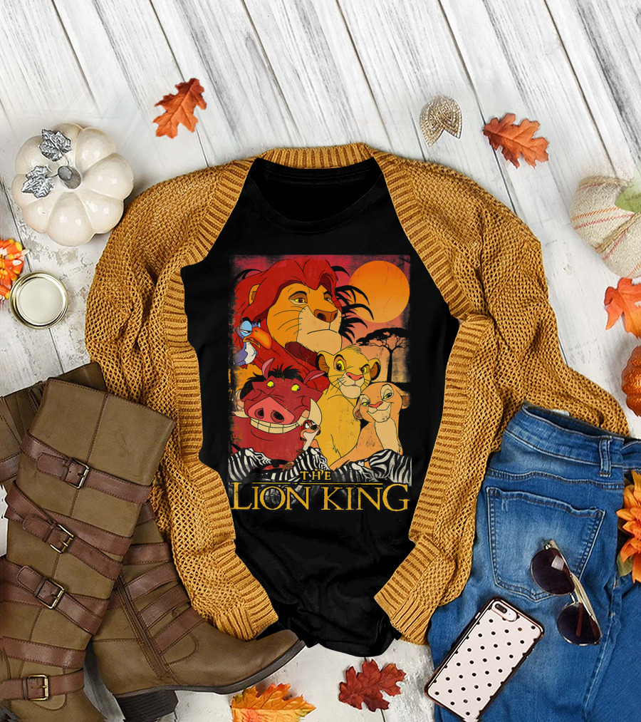 The Lion King Happy Group Shot with Sunset Background and Characters T-Shirt