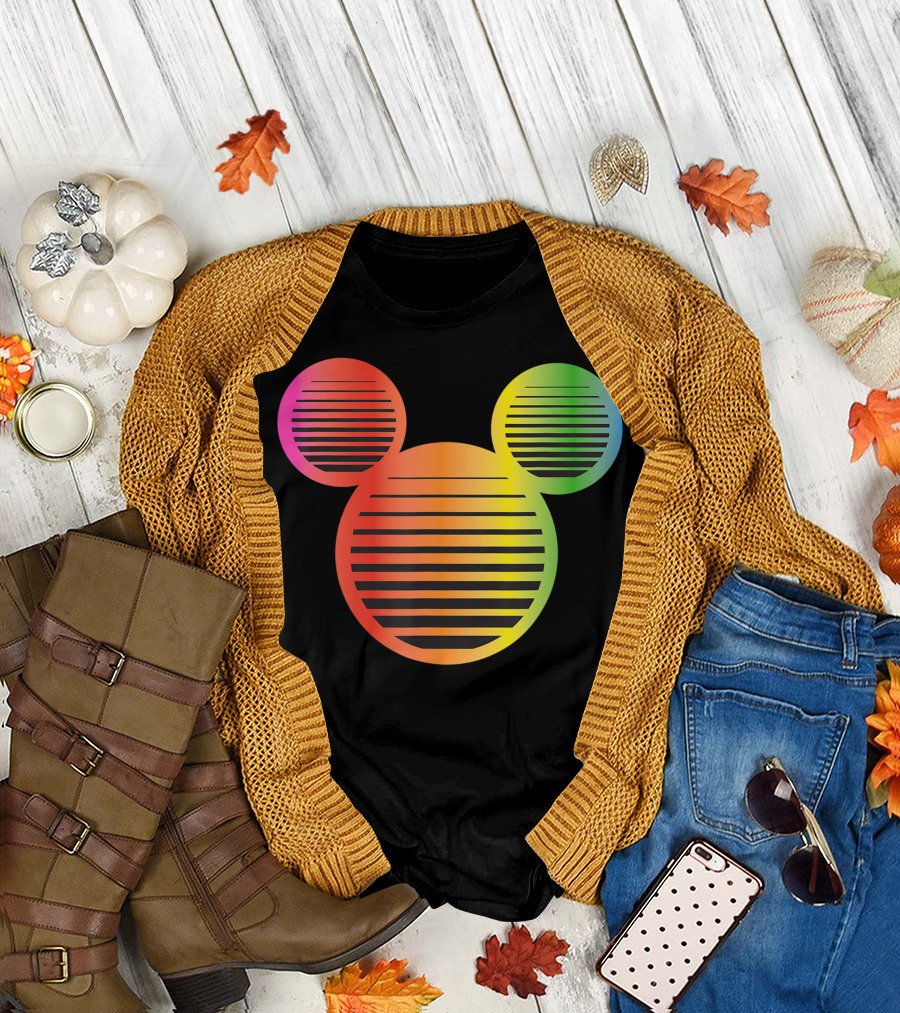 Mickey Mouse Gradient Rainbow Icon Stripes T-Shirt