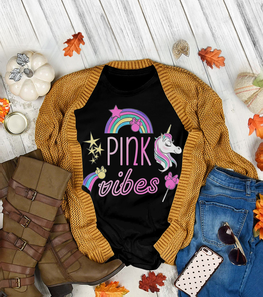 Disney Minnie Mouse Unicorn Pink Vibes Rainbow Stars T-Shirt