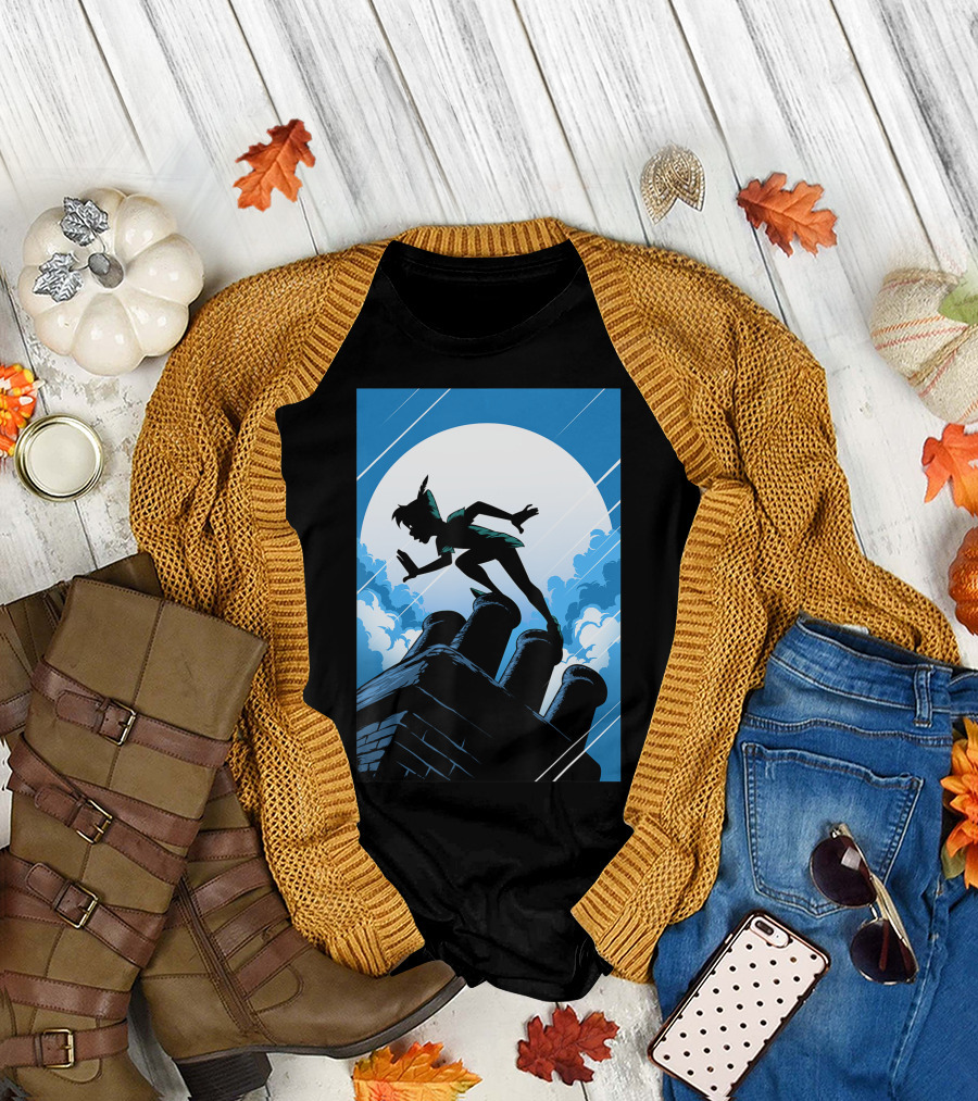 Disney Peter Pan Silhouette on Rooftop with Full Moon and Clouds T-Shirt