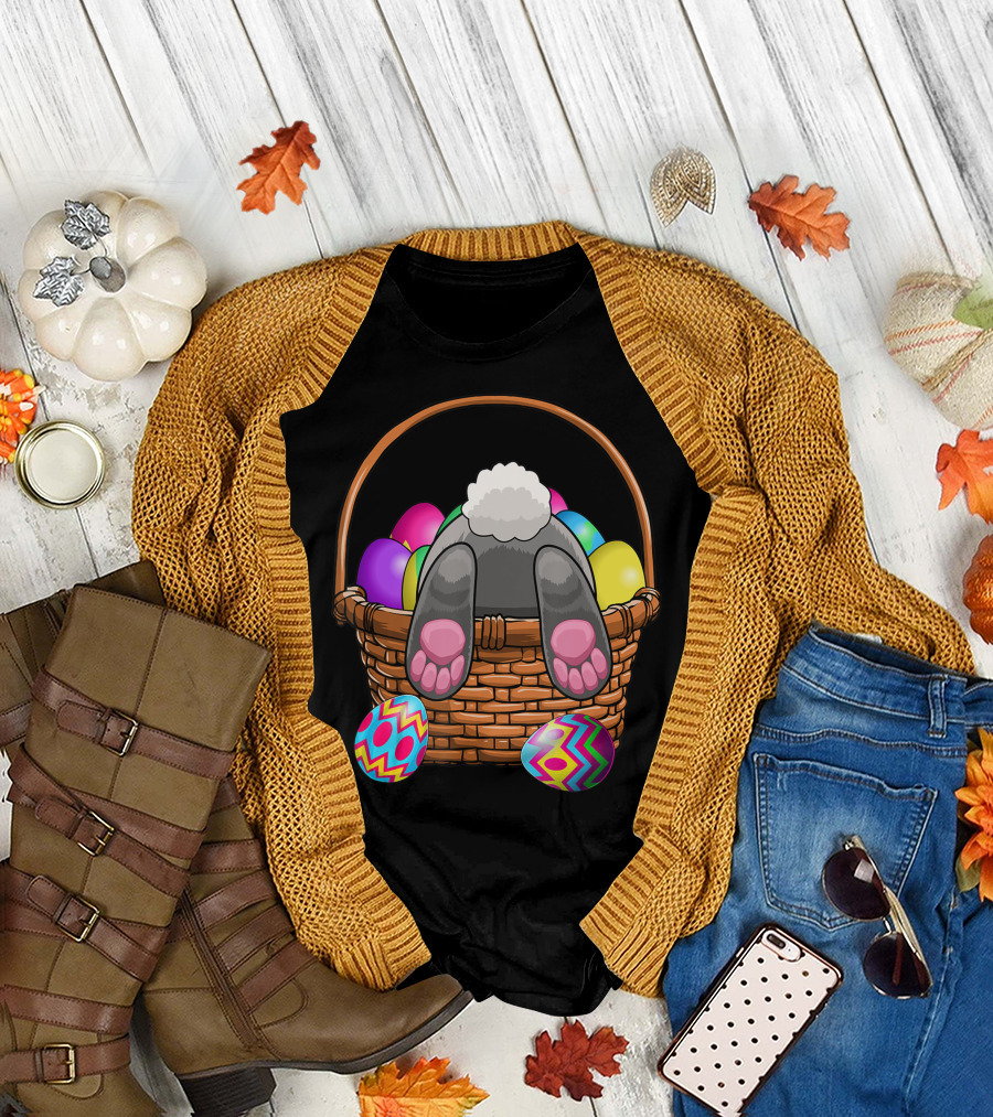 Easter Bunny Basket Eggs Pattern with Colorful Easter Eggs and Bunny Tail Peeking Out T-Shirt