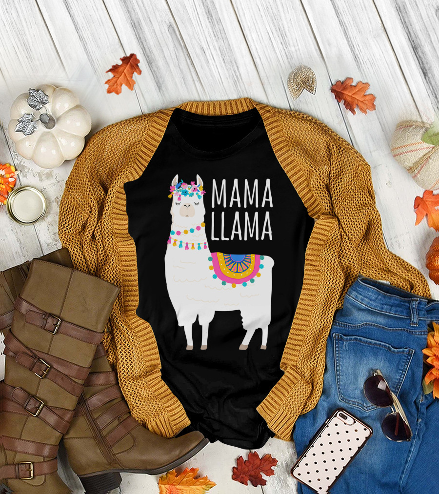 MAMA LLAMA Colorful Floral Adorned Llama with Tassels and Blanket T-Shirt