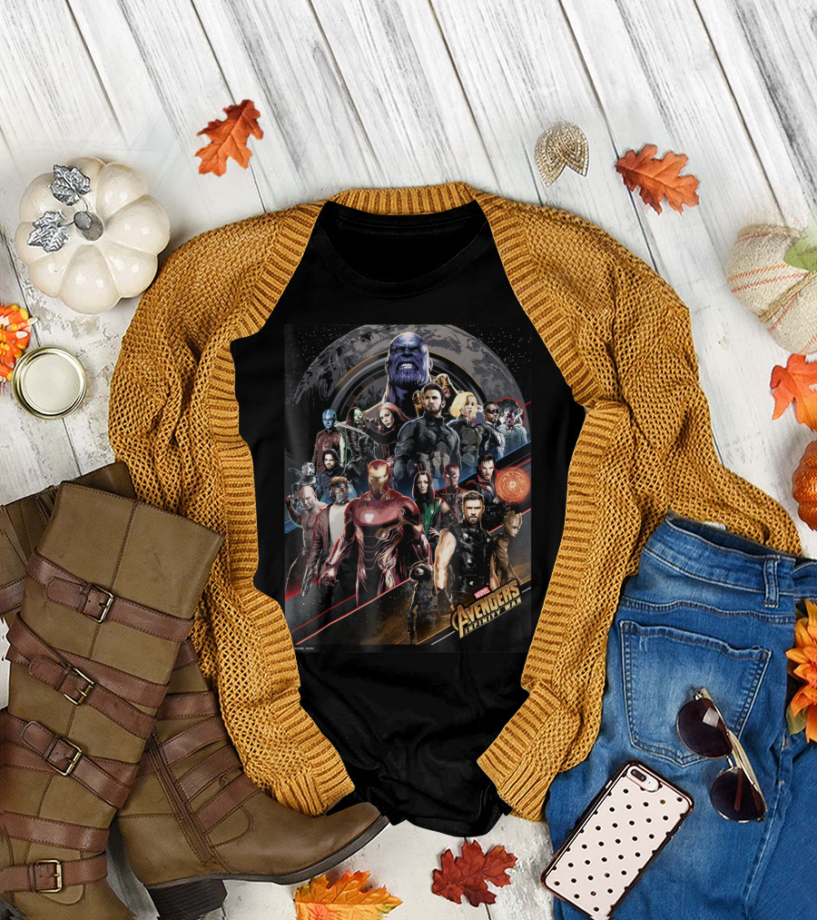 Marvel Avengers Infinity War Group Striped Characters With Thanos T-Shirt