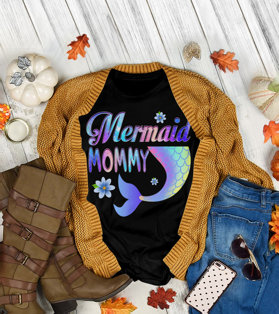Mermaid Mommy Rainbow Tail Floral Accent T-Shirt