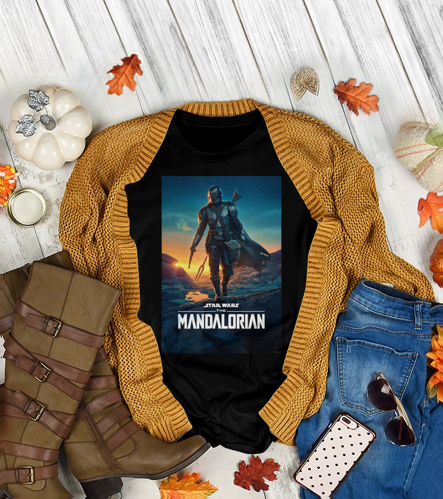 Star Wars The Mandalorian Season Heroic Journey in Sunset Landscape T-Shirt