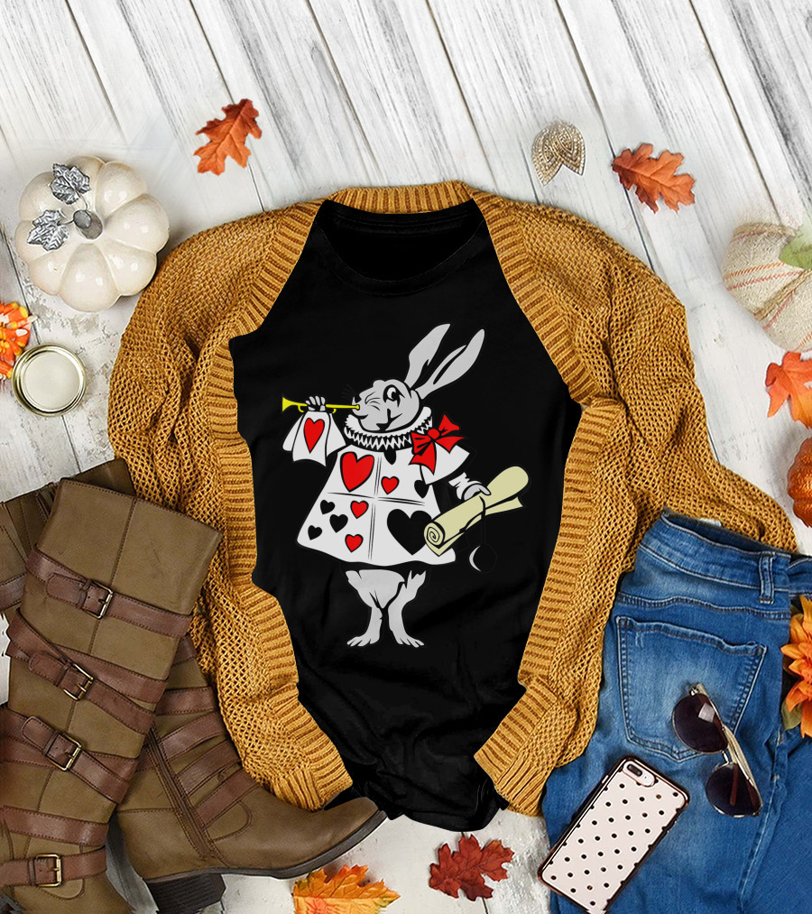 Alice in Wonderland Rabbit Trumpet Hearts Easter Bunny Playing Music T-Shirt