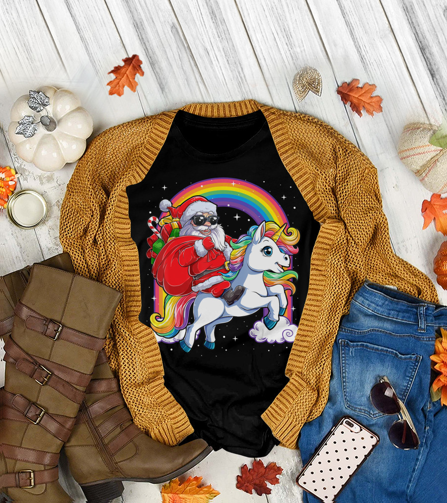 Christmas Santa Riding Unicorn Rainbow Galaxy Xmas Girls Holiday Adventure T-Shirt