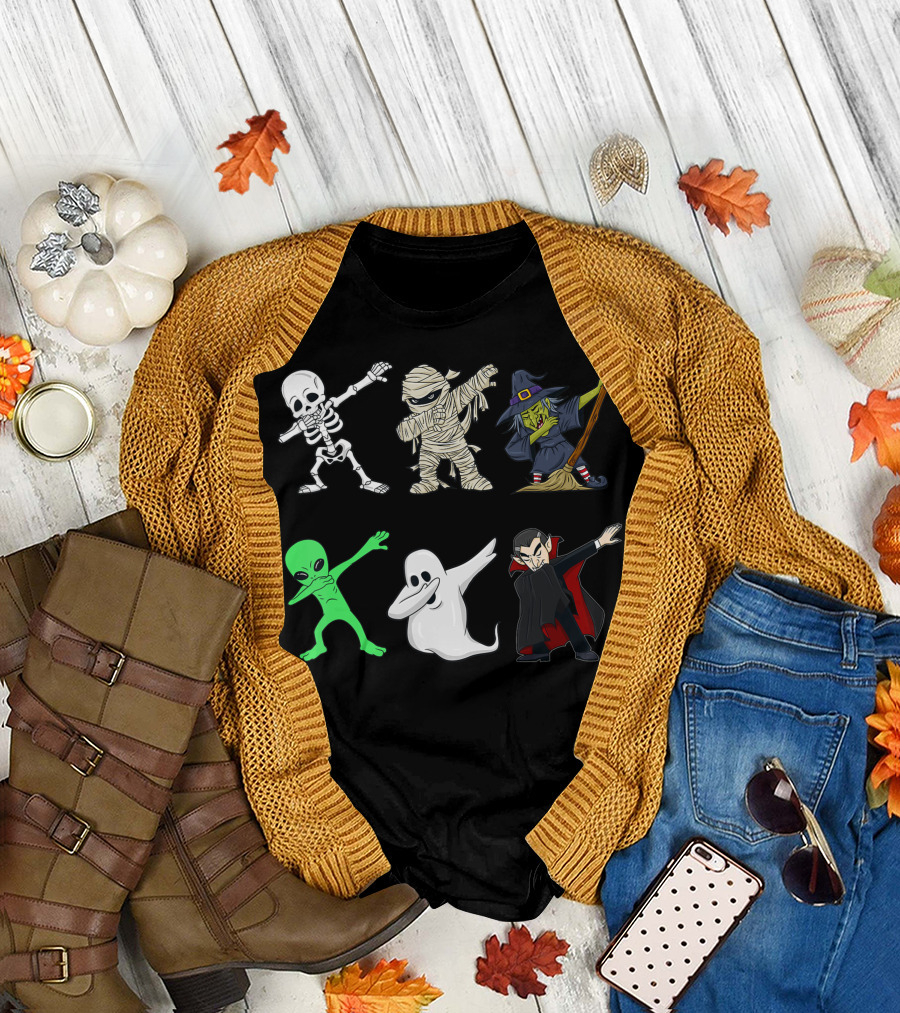 Dabbing Skeleton Mummy Witch Alien Ghost Dracula Halloween Monsters T-Shirt