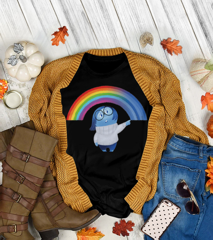 Disney Pixar Inside Out Sadness Under Colorful Rainbow T-Shirt