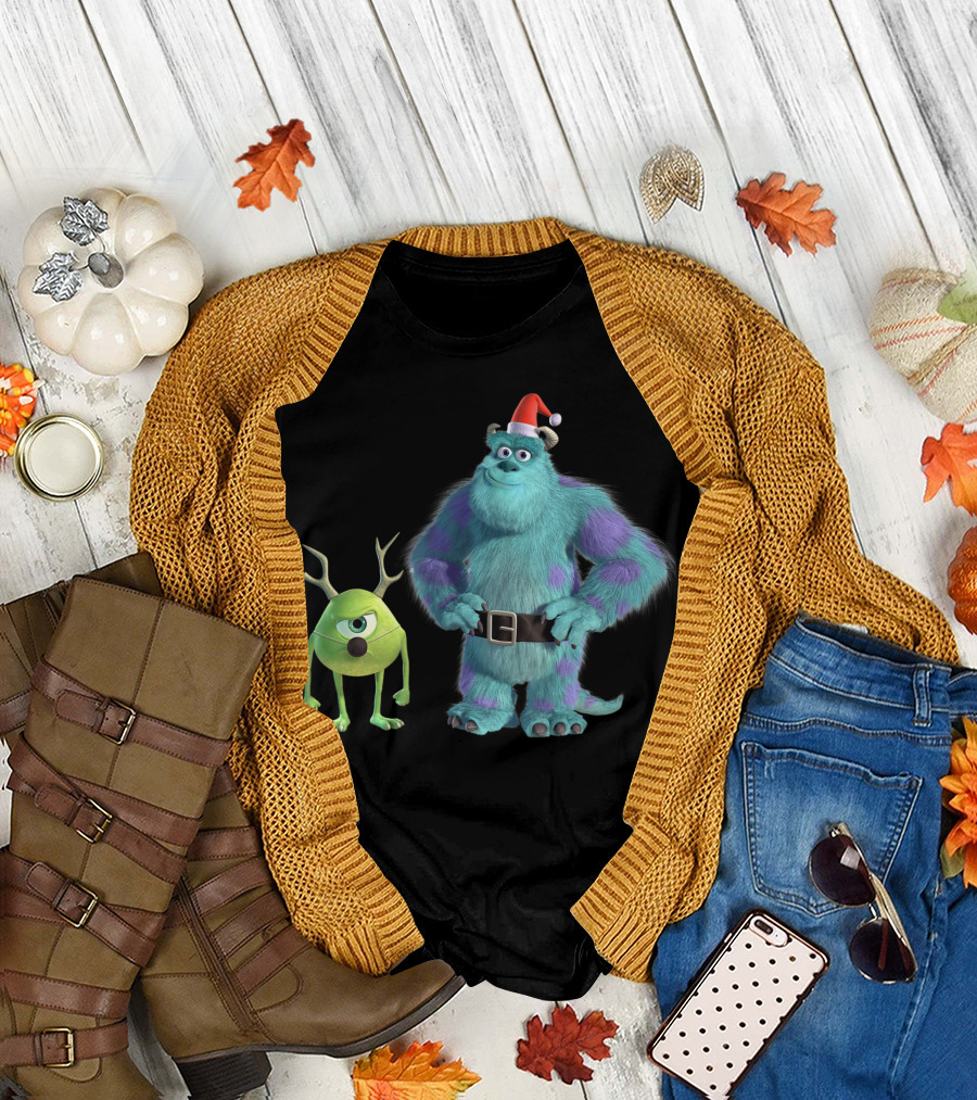 Disney Pixar Monsters Inc Mike And Sulley Christmas Santa Hat Reindeer Antlers Holiday T-Shirt