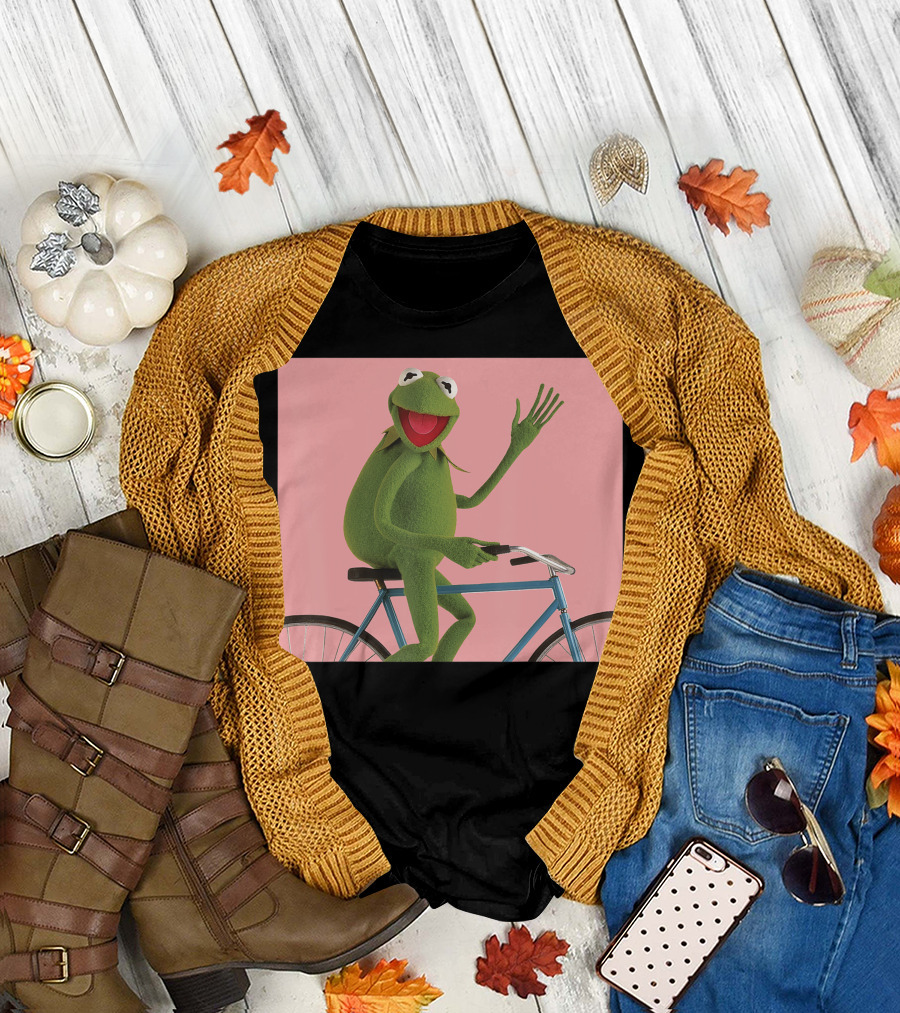 Disney The Muppets Kermit The Frog Bicycle Ride on Pink Background T-Shirt