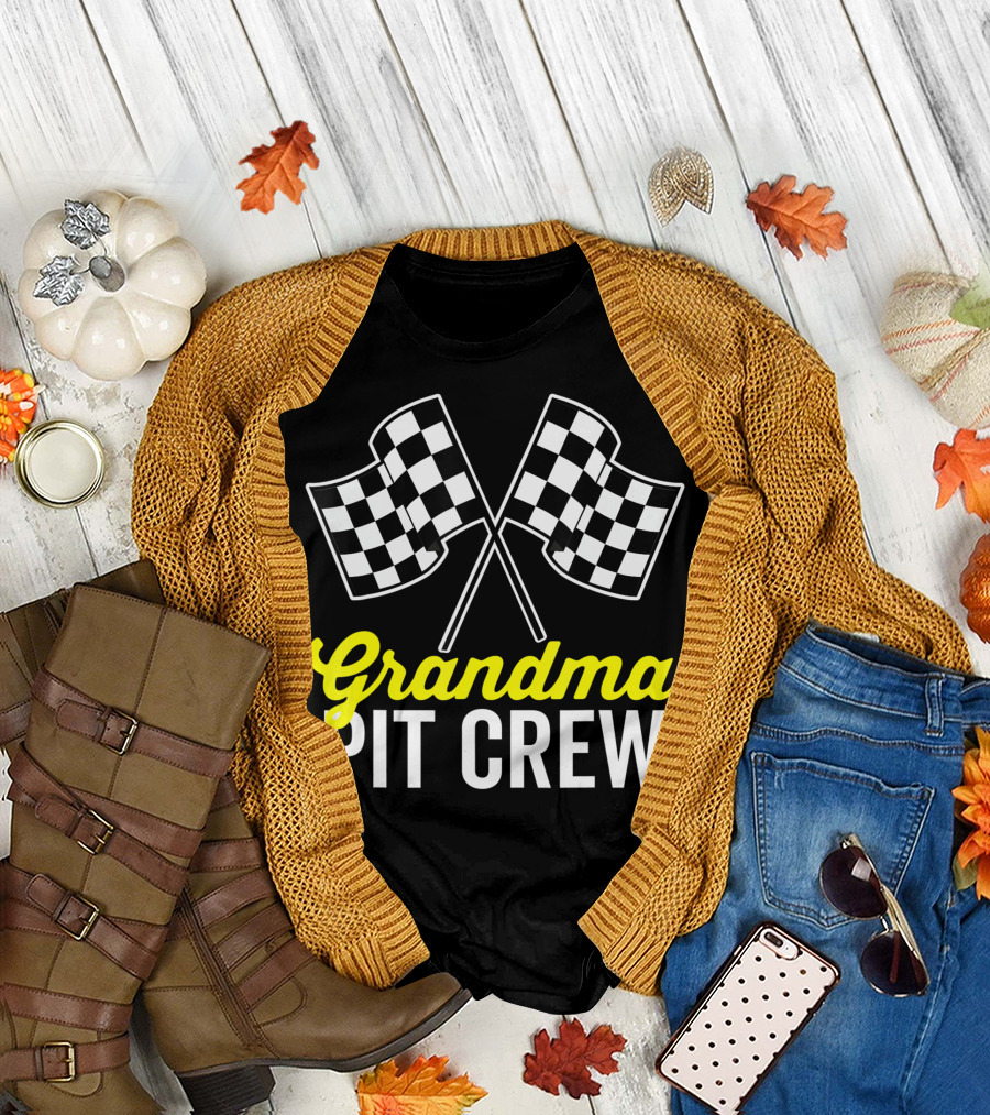 Grandma Pit Crew Racing Party Costume Dark Checkered Flags T-Shirt