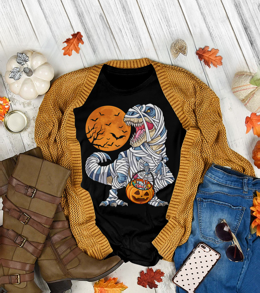 Halloween Kids Dinosaur Rex Mummy with Pumpkin Basket and Full Moon T-Shirt