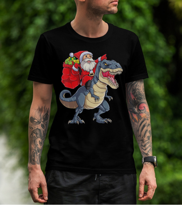 Santa Riding Dinosaur Rex Christmas T-Shirt