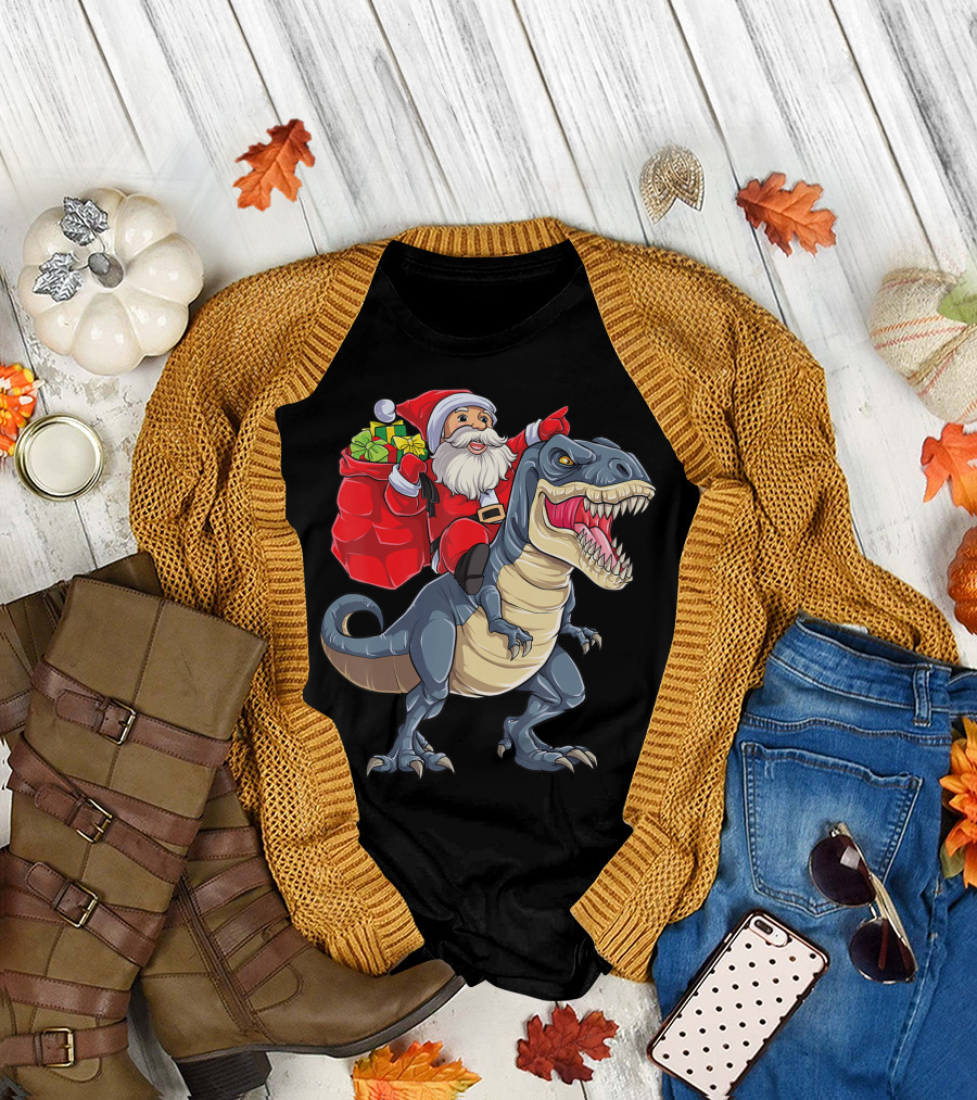 Santa Riding Dinosaur Rex Christmas T-Shirt
