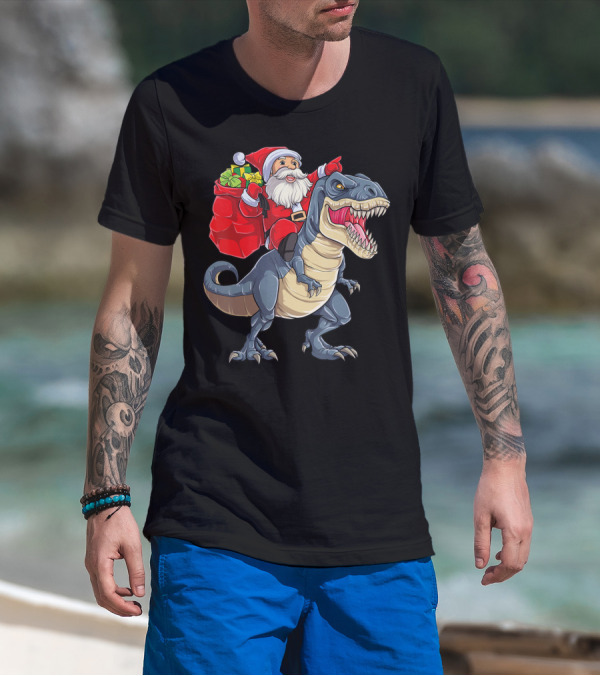 Santa Riding Dinosaur Rex Christmas T-Shirt