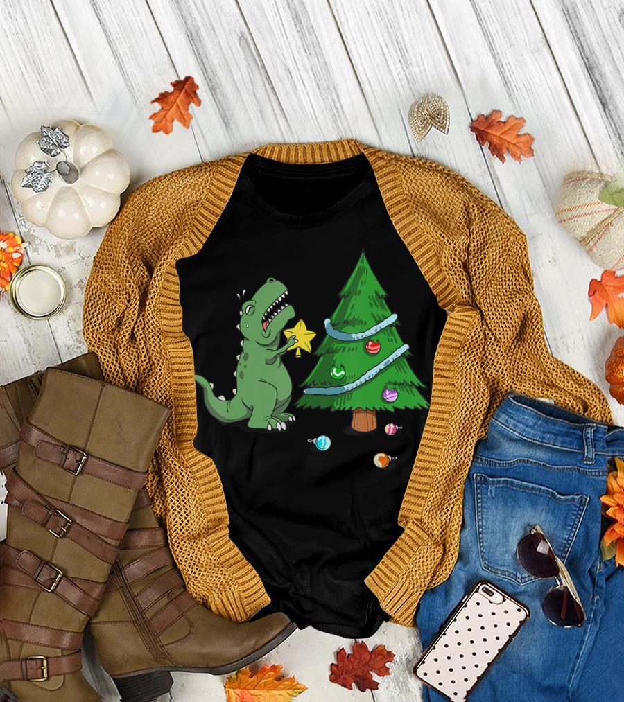 Struggle Is Real Dinosaur Trying to Top Christmas Tree with Star T-Shirt