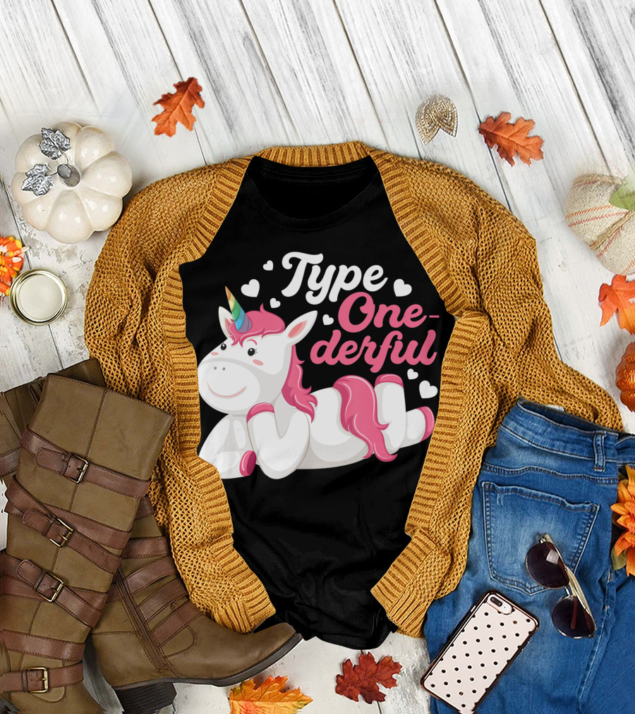 Type Onederful Unicorn Diabetes Awareness Diabetic Hearts T-Shirt